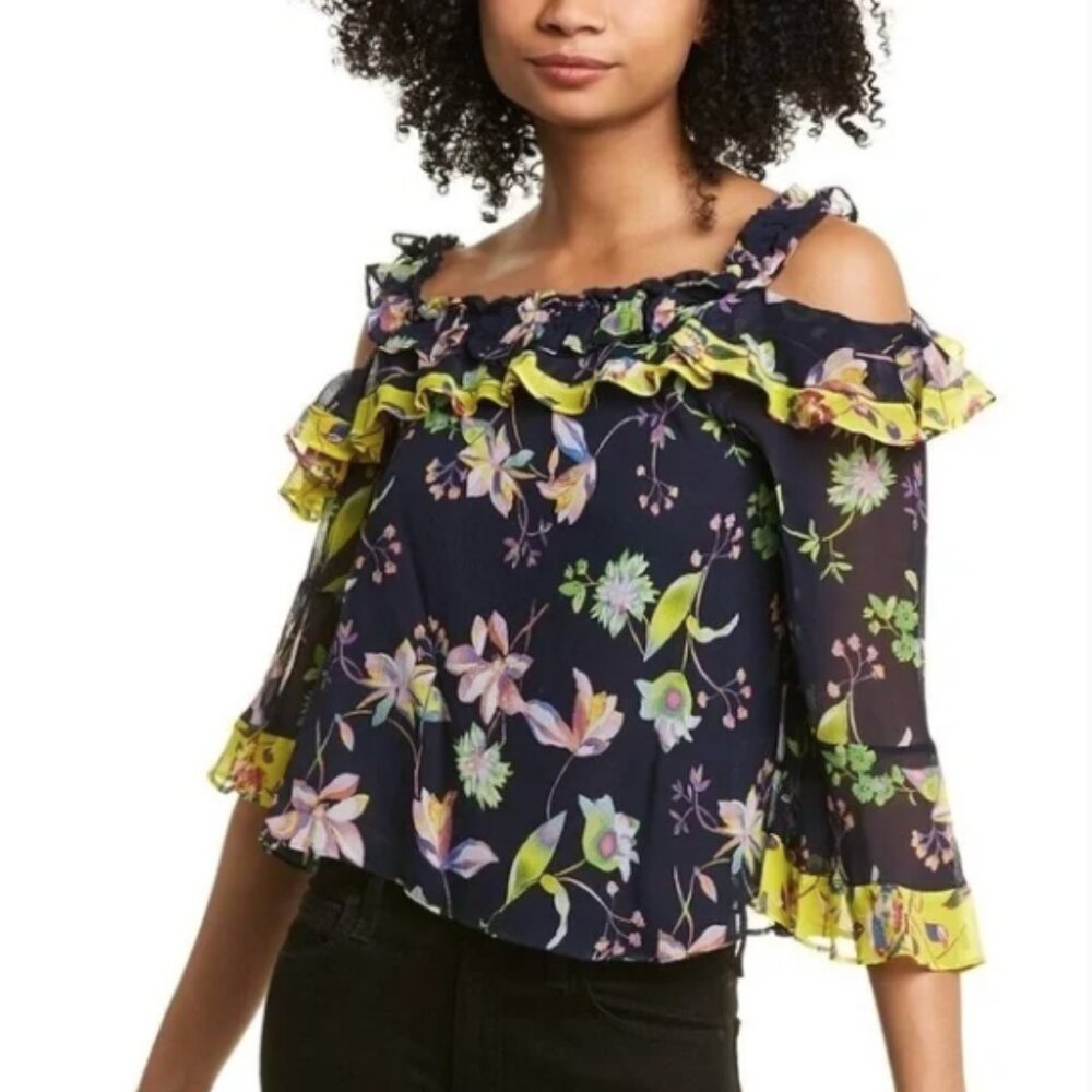 Tanya Taylor Garden Cold Shoulder Floral Ruffle Top | Navy Multicolor